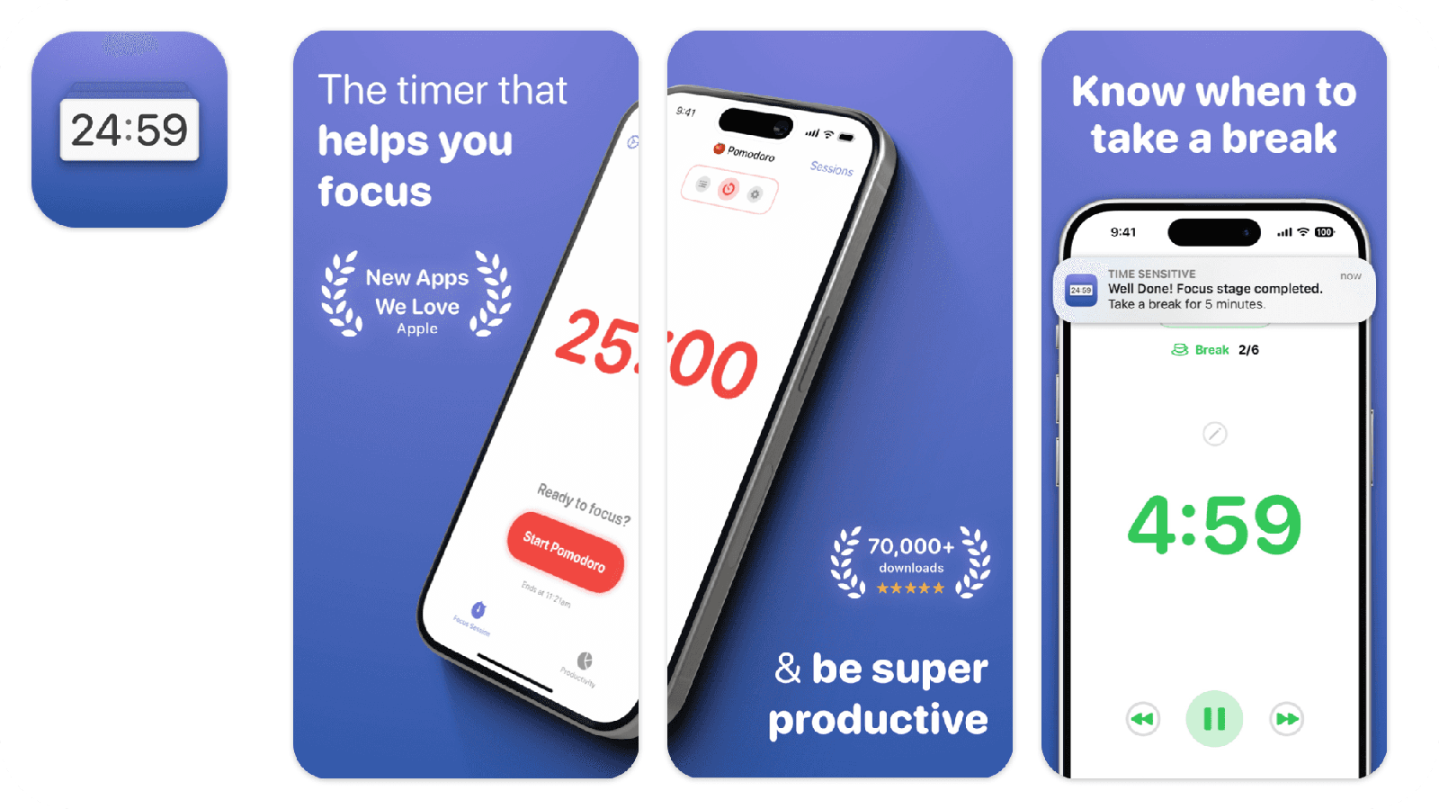 Focused Work app icon and screenshots
