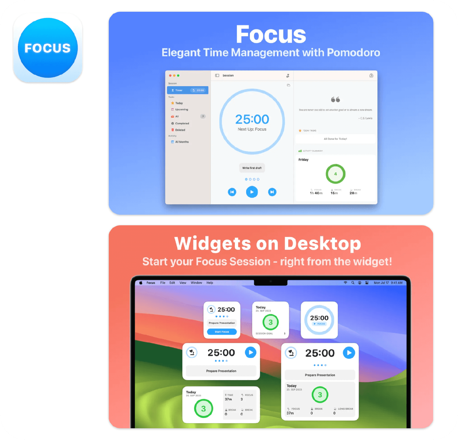 Focus app icon and screenshots