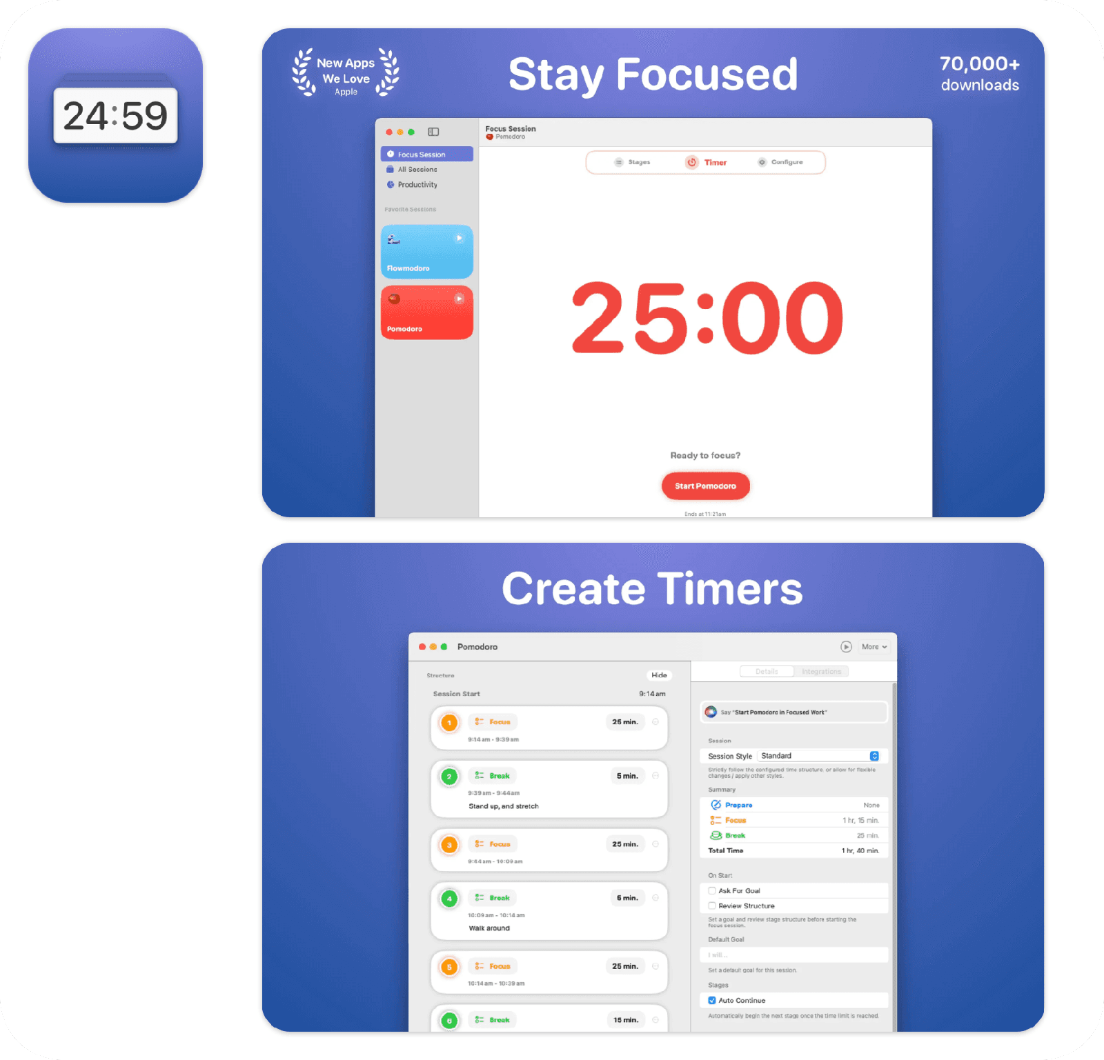 Focused Work app icon and screenshots
