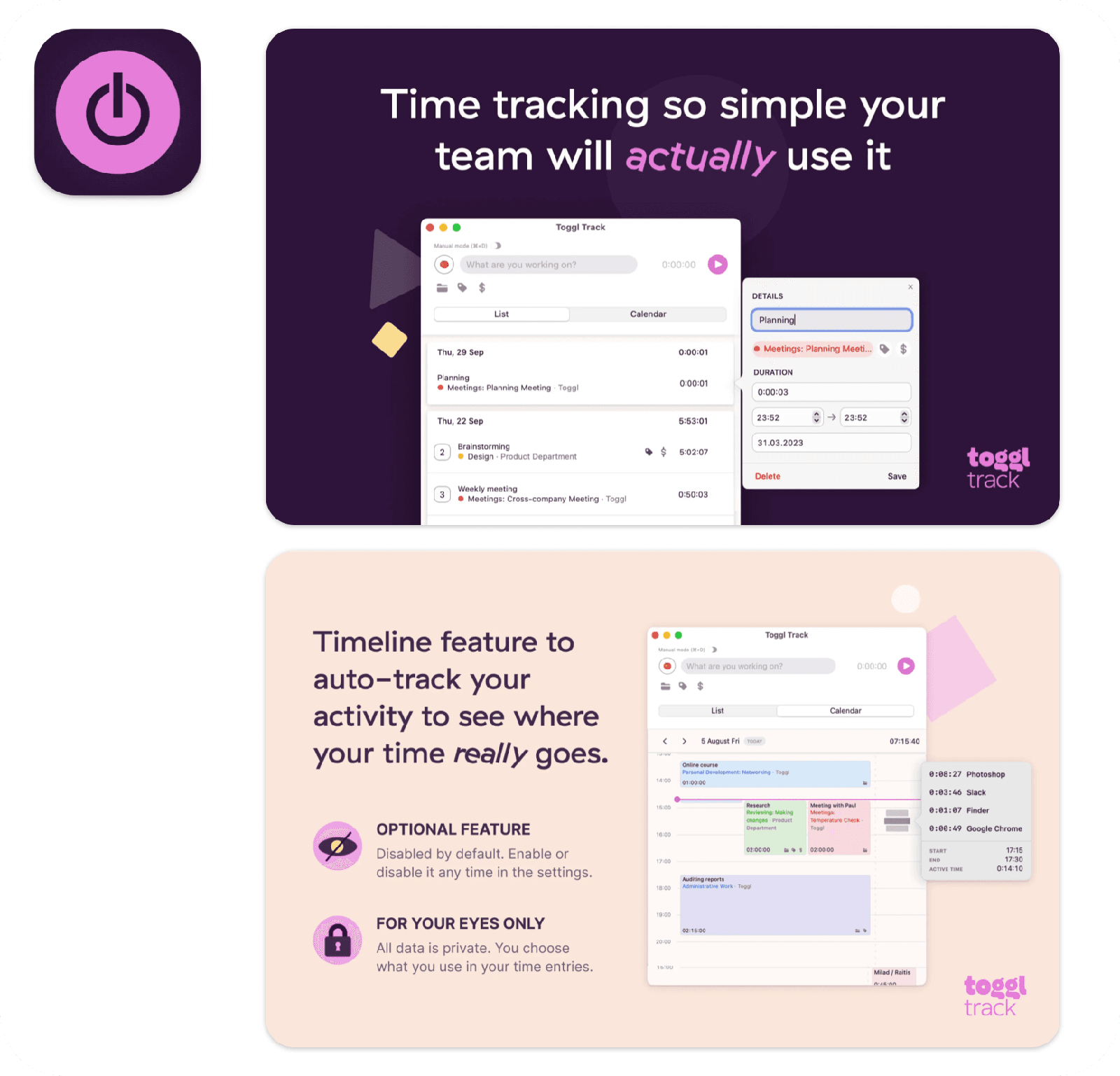 Toggl Track app icon and screenshots