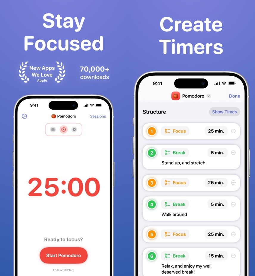 Running a Pomodoro focus session in Focused Work